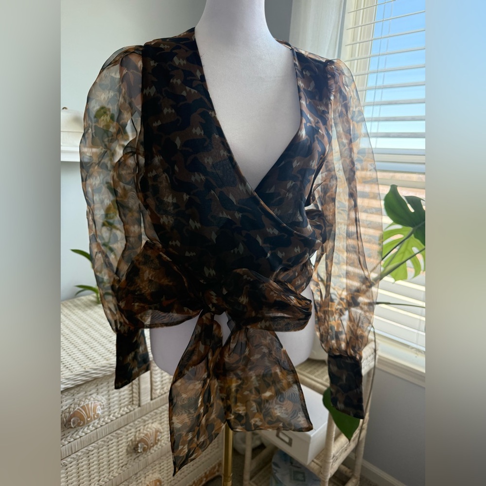 Zara Black with Brown Horse Patterned Sheer Wrap Blouse
